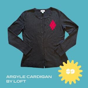Loft Modern Cardigan in Dark Gray with Argyle Pink Detail, Size M